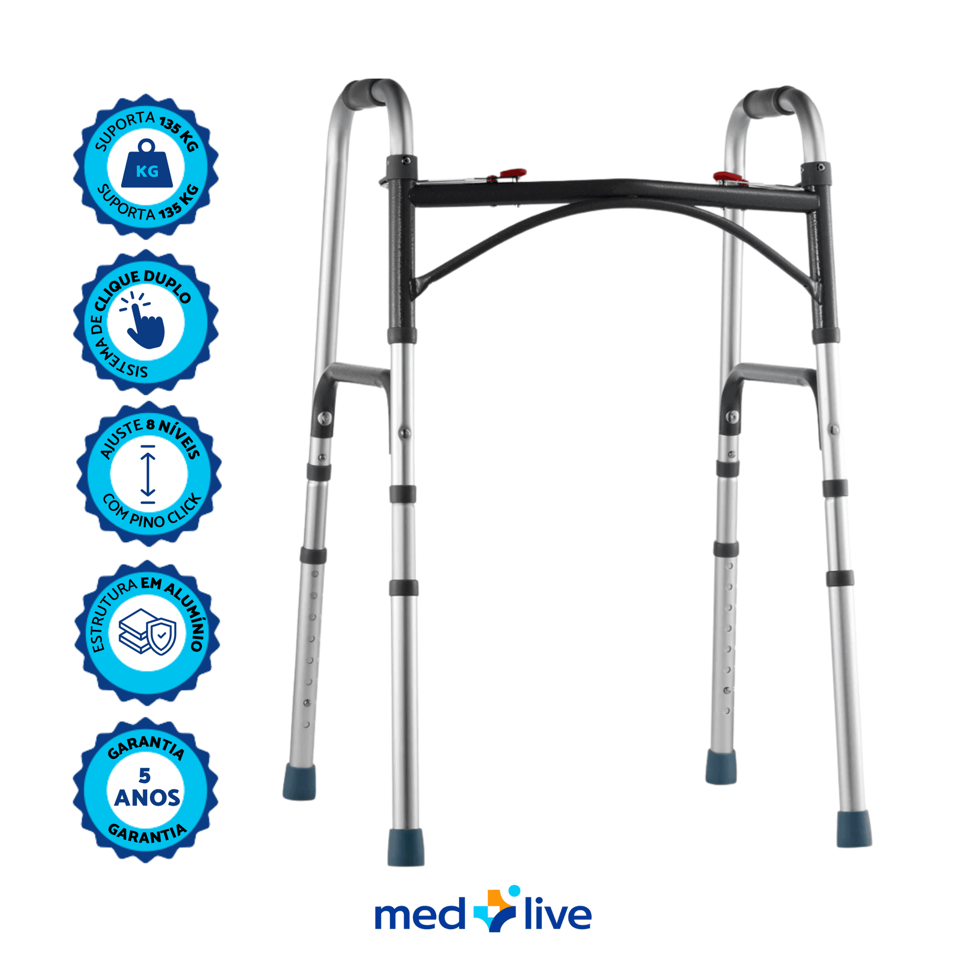Andador 2 Barras Clique Duplo Alumínio Prata Acetinado — Med Live Well