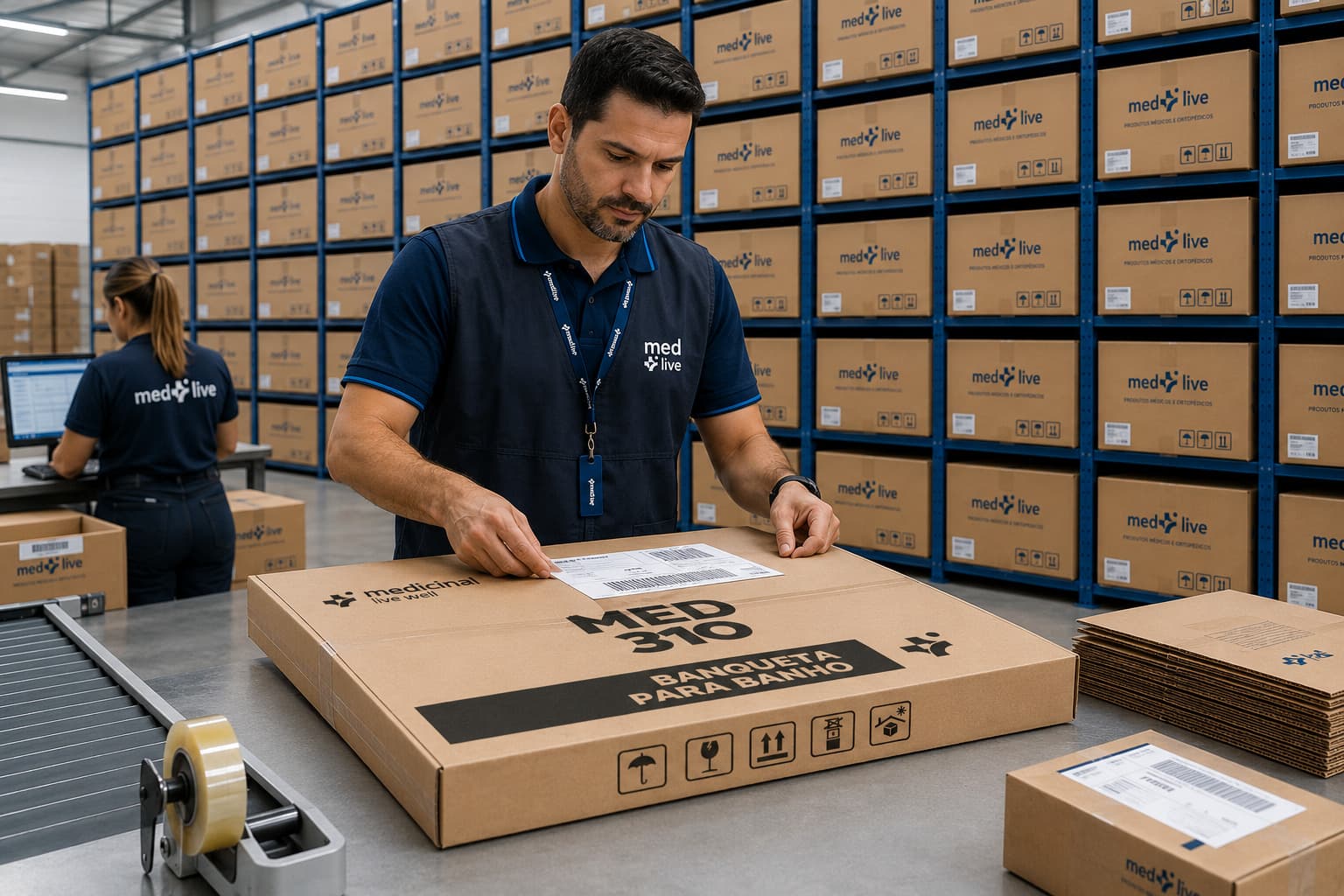 Centro de distribuição da Med Live Well em São Paulo, com funcionário preparando pedido para envio em meio a prateleiras de produtos de mobilidade e reabilitação