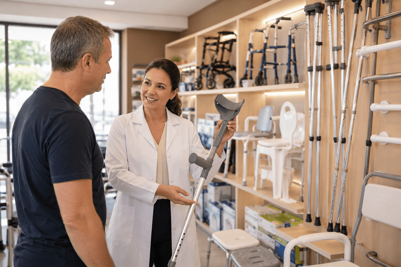 Loja parceira da Med Live Well atendendo cliente com produtos de mobilidade e reabilitação