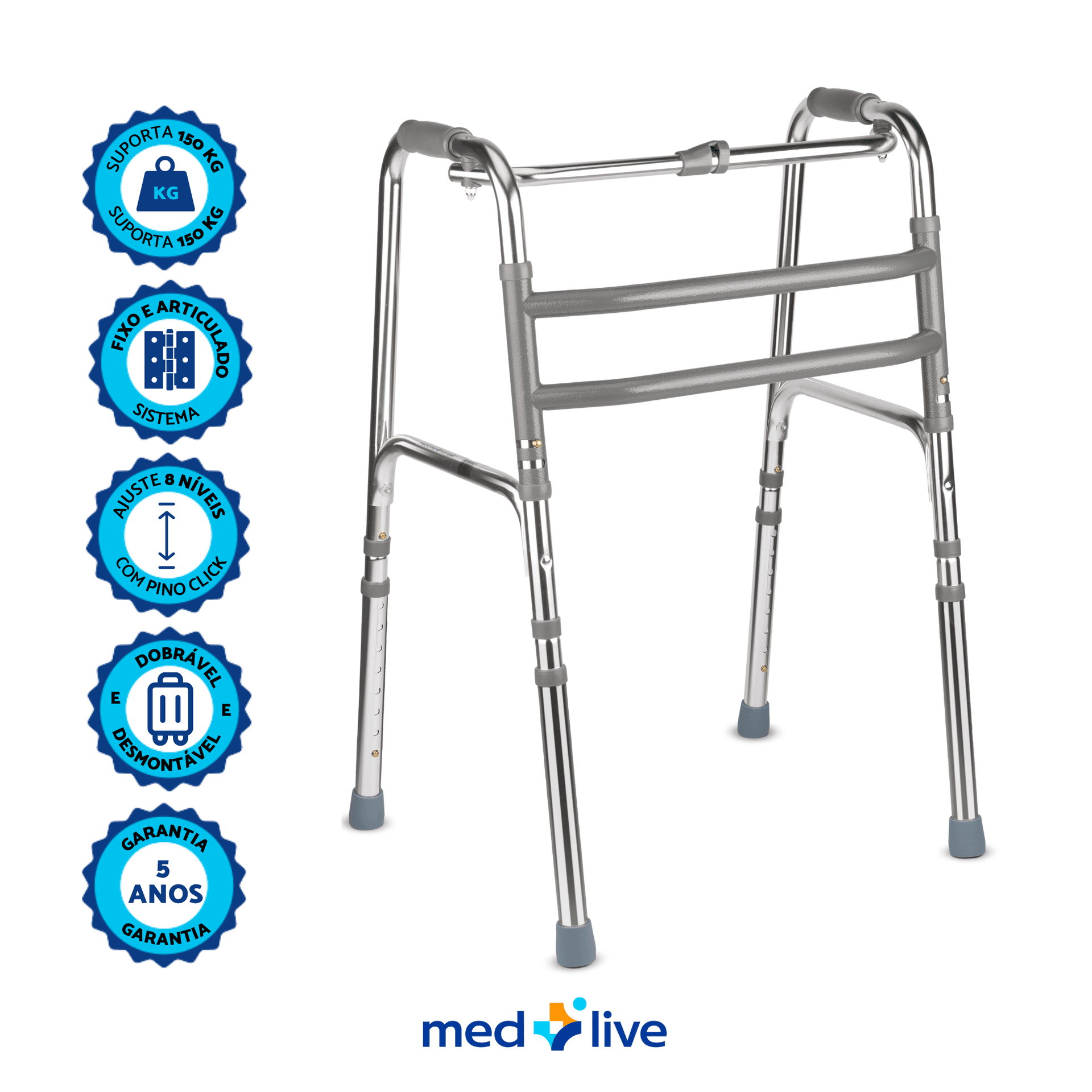 Andador 3 Barras Articulado Alumínio Prata Desmontável — Med Live Well