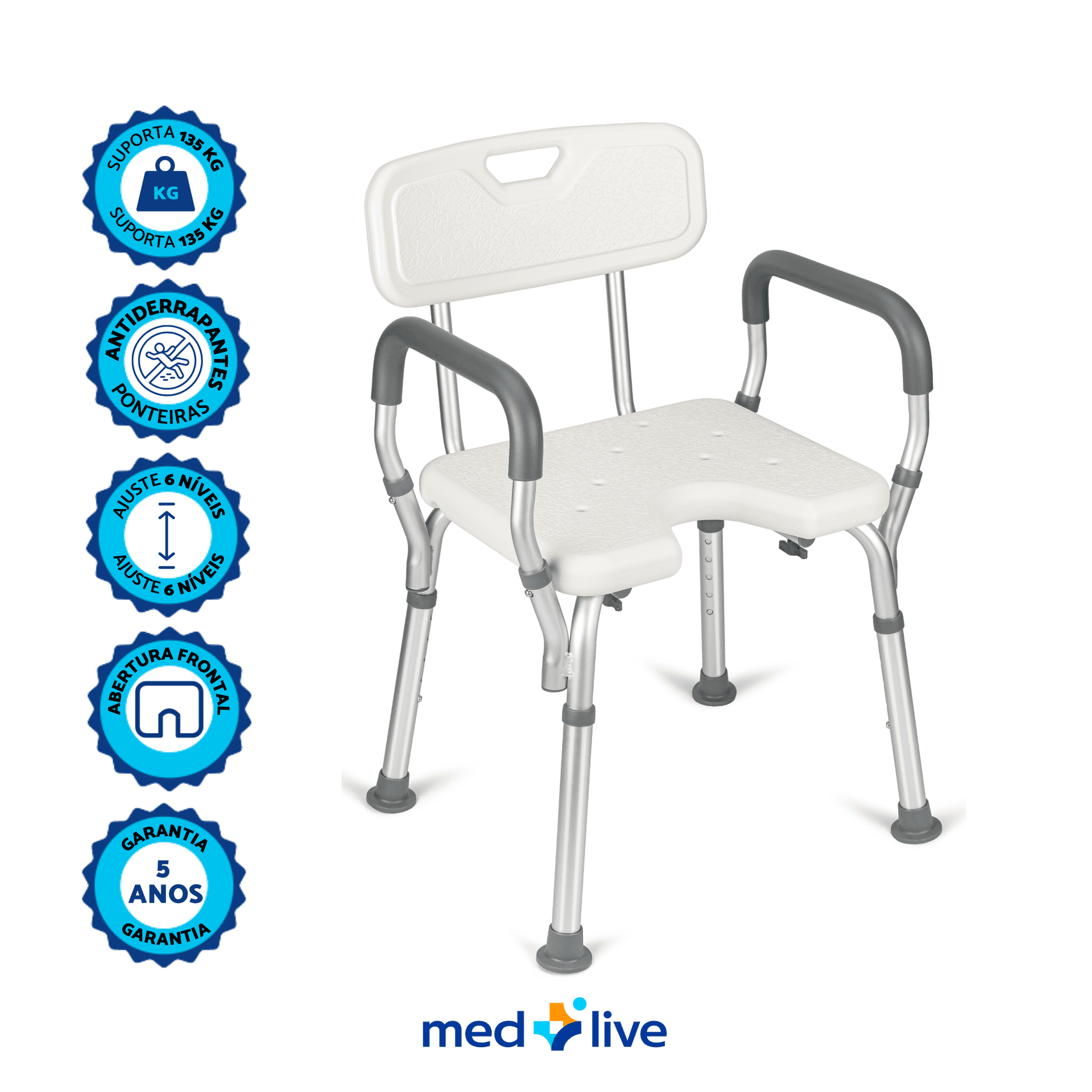 Banqueta para Banho com Encosto, Apoio de Braço e Abertura Frontal — Med Live Well